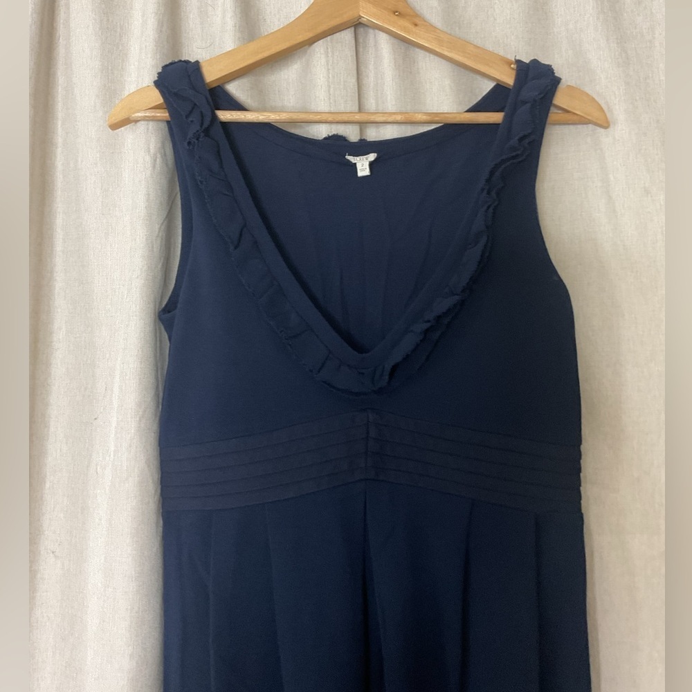 J Crew Piqué V-neck Ruffle Dress 2 V-Neck Navy Blue 100% Cotton - Picture 7 of 11